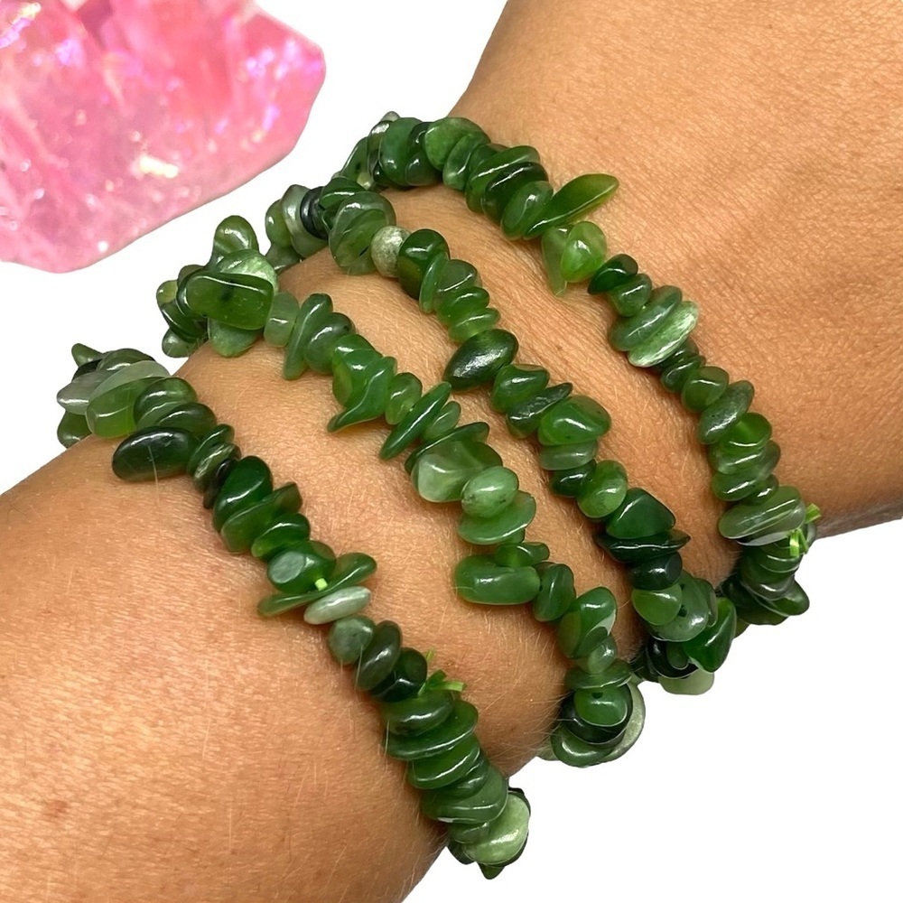 Nephrite Jade Beaded Stretch Bracelet Natural Stone Chip Beads Chips Green Boho - Picture 1 of 6